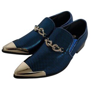 Parrazo Premium Cristiano 05 Mens Dress Loafers 9.5 Blue Black Pointy Metal Tip